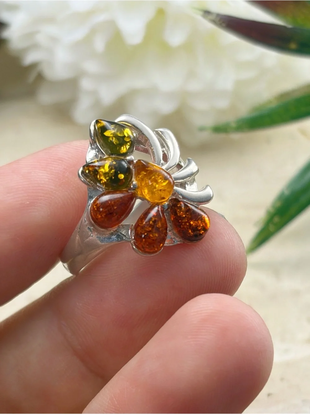 Estate Sterling Silver 925 Amber Cluster Ring Size 7.5 7 1/2 Pear Multicolored
